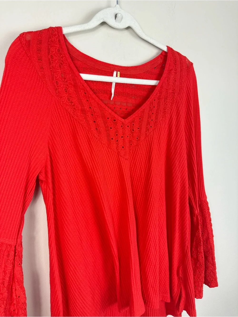 Free People Parisian Nights Top Medium Red Eyelet Lace Bell Sleeve Boho Hippie